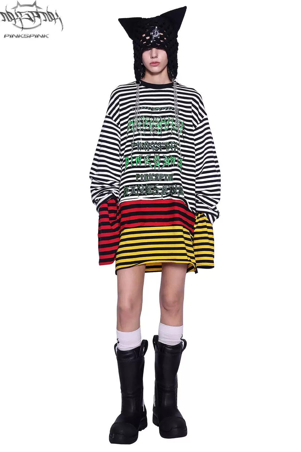 Stacked Stripes Patchwork Staggered Letter Print T-Shirt