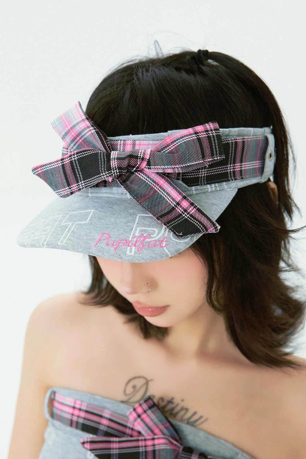Detachable Bow Plaid Visor Hat