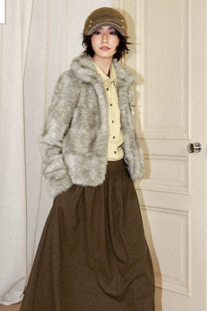 Gray Green Plush Fur Jacket