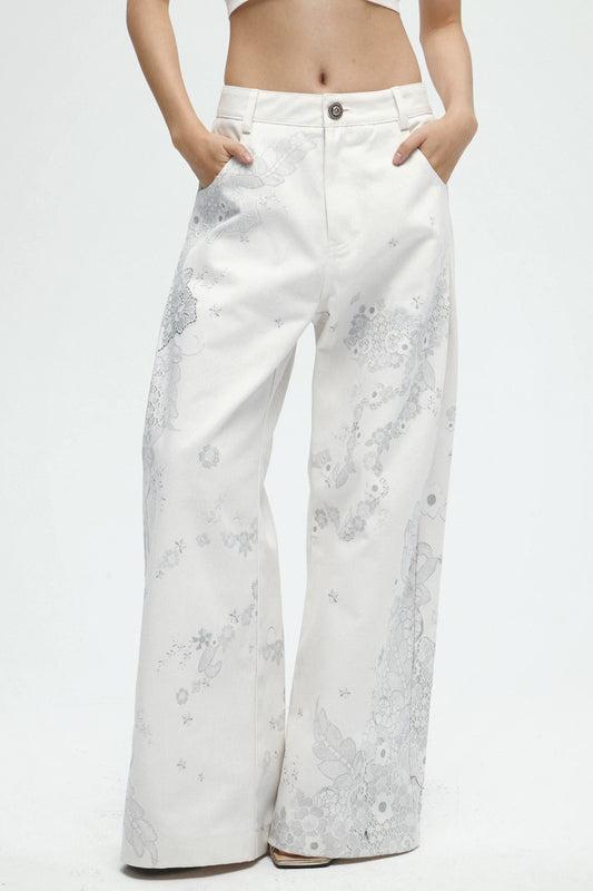 Wide-Leg Lace Jeans
