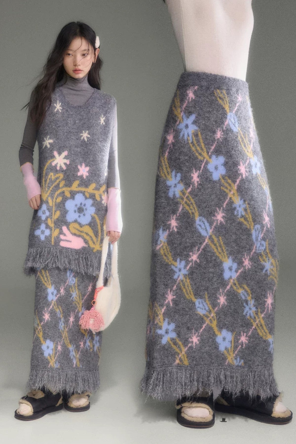 Ear-Shaped Wool-Blend Bird and Flower Jacquard Dress Set-Up