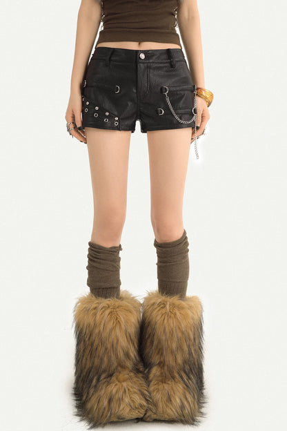 Fur Belt Ultra-Short Leather Shorts