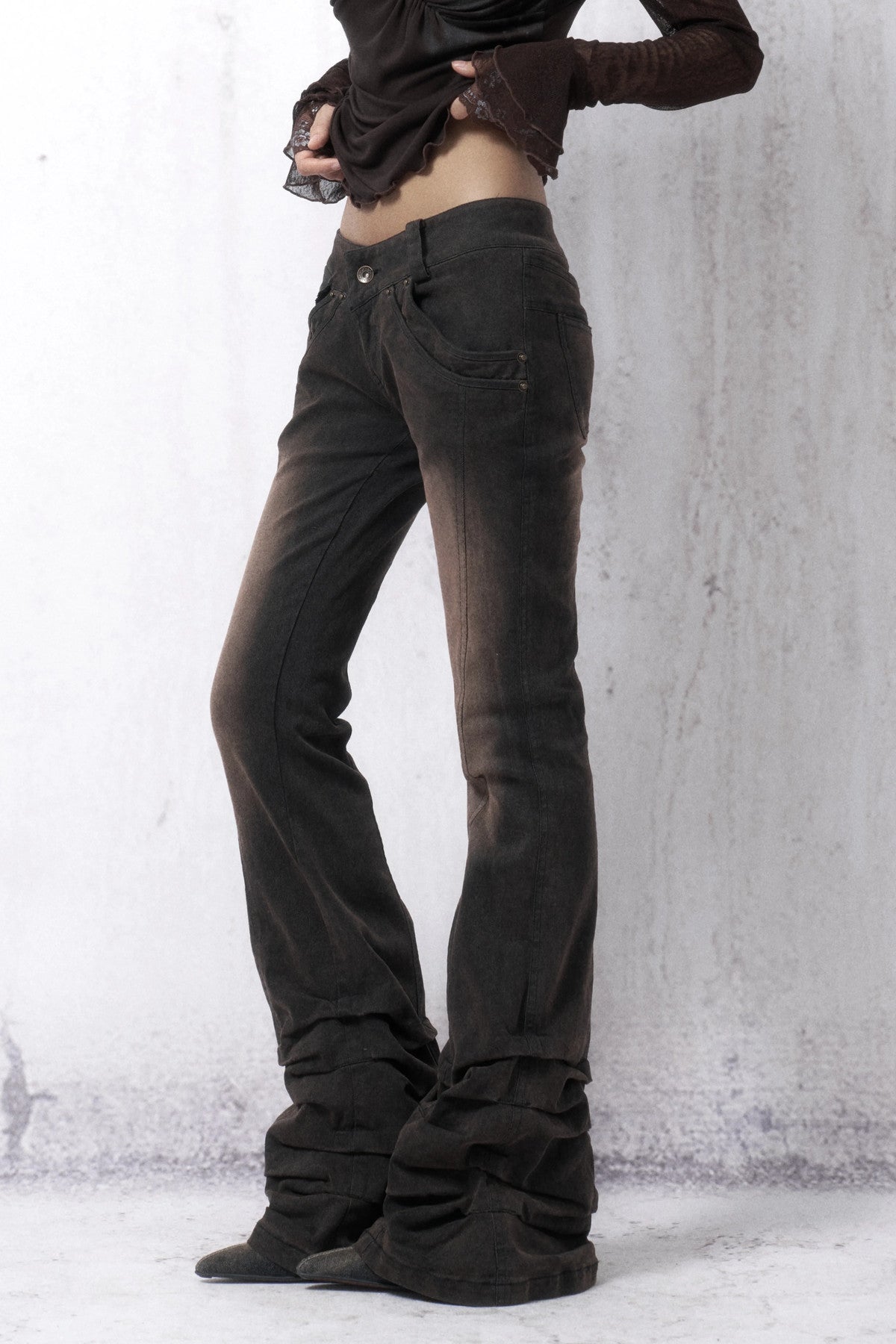 Washed Distressed Stacked Hem Jeans