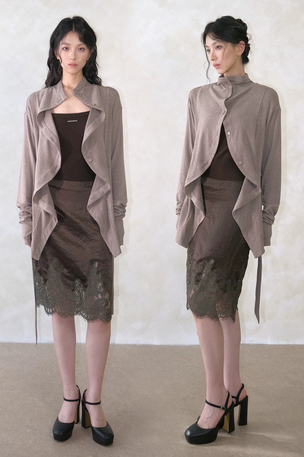 Wave-Front Lace-Up Knit Cardigan
