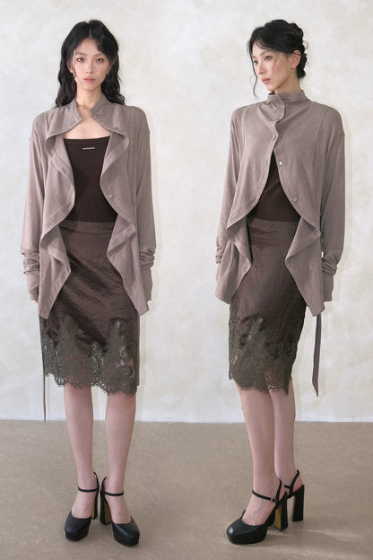 Wave-Front Lace-Up Knit Cardigan