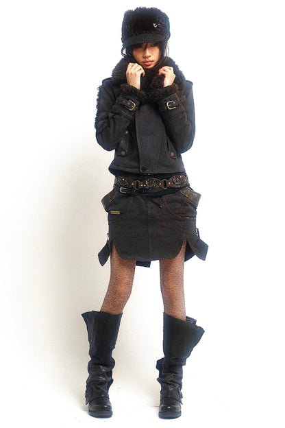 Set aus Jacke mit Used-Optik und Pelzkragen und kurzem Rock