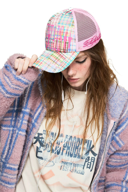 Plaid Flocking Mesh Trucker Cap