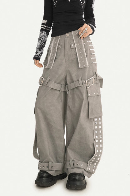 Gray Multi-Pocket Belt Wide-Leg Pants