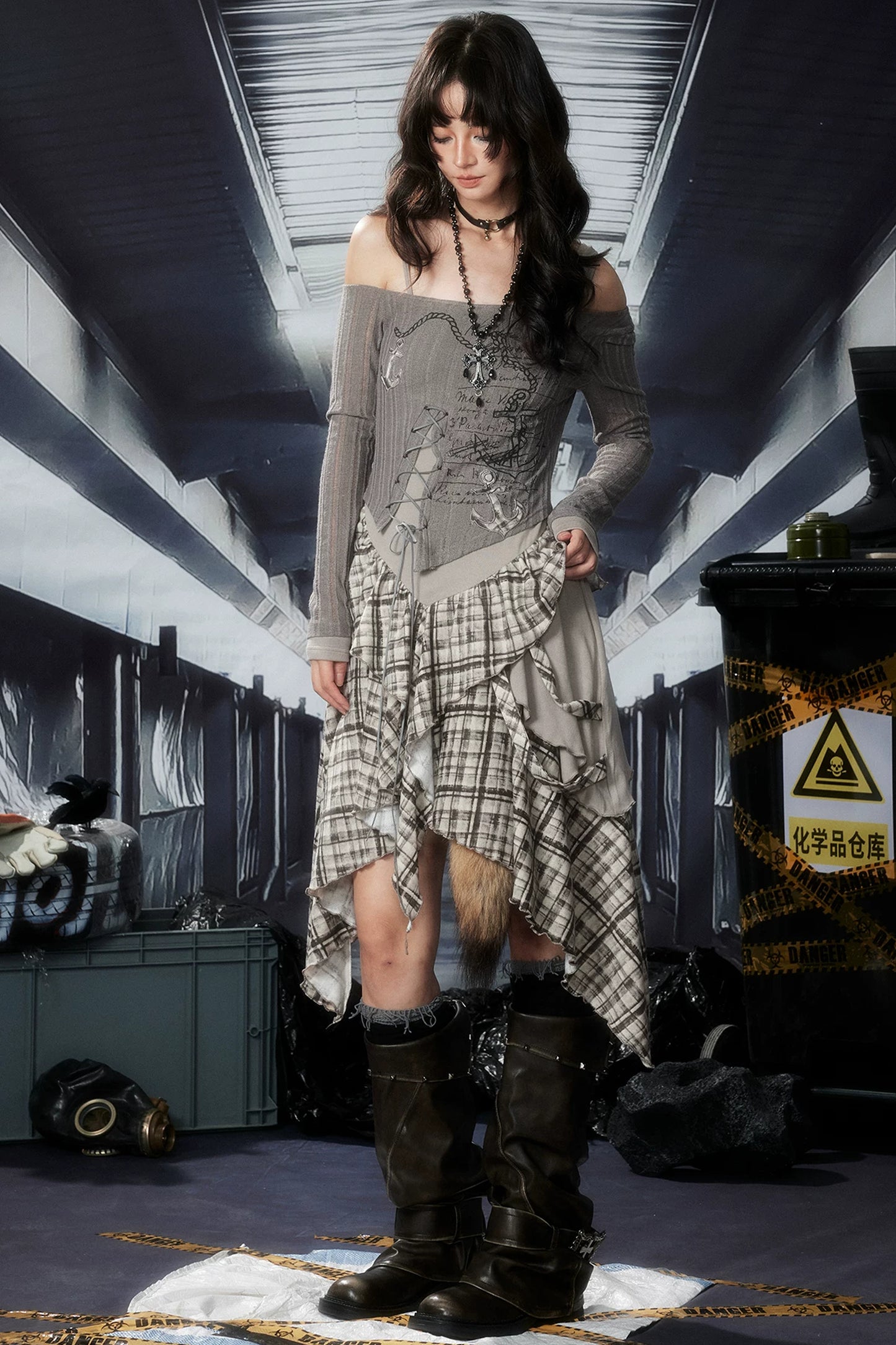 Plaid Ruffle One-Shoulder Dress