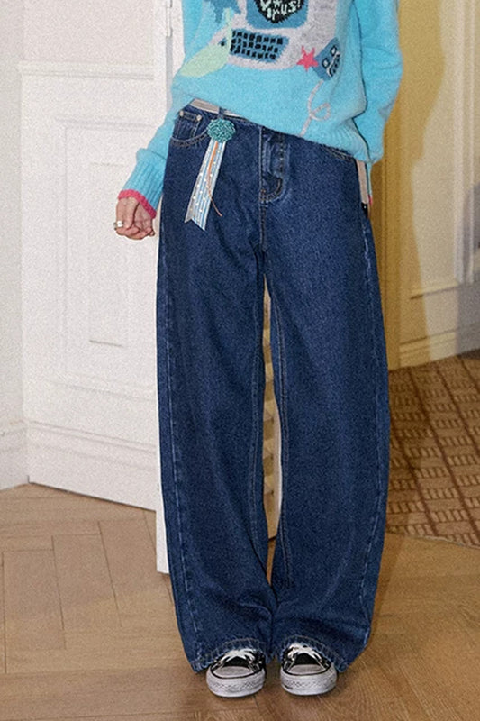 Retro Blue High-Waisted Straight Wide-Leg Jeans