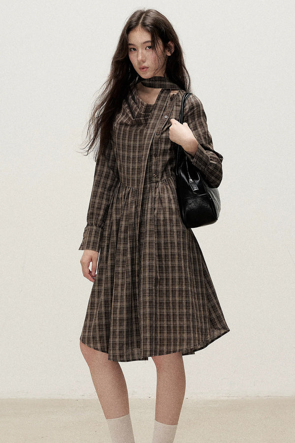 Plaid Diagonal Placket Ribbon Dress
