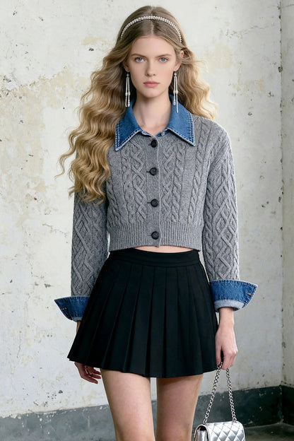 Gray Knit Cardigan And Black Pleated Skirt Set-Up