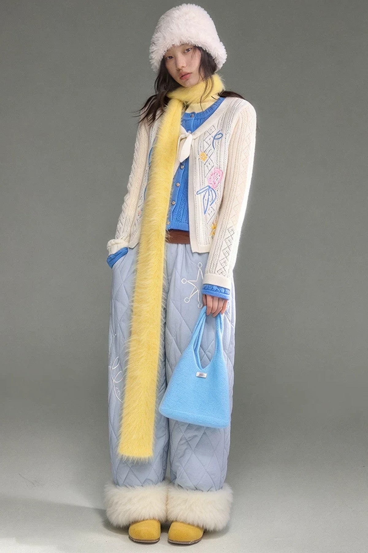 Two-Piece Wool-Blend Tulip Embroidery Knit Cardigan And Skirt Set-Up