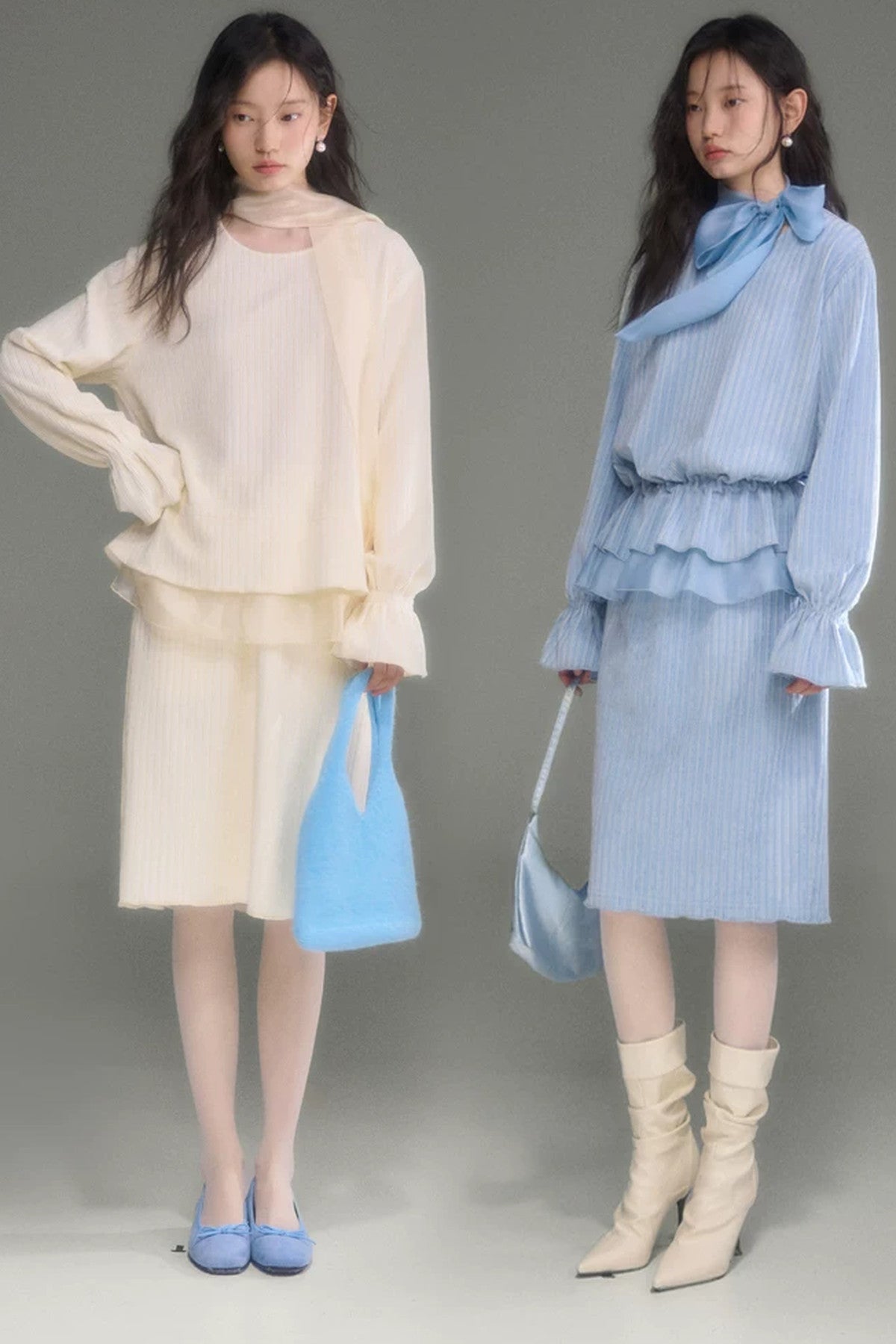 Moonlight Waterfall Long-Sleeve Ribbon Top and Skirt Set-Up