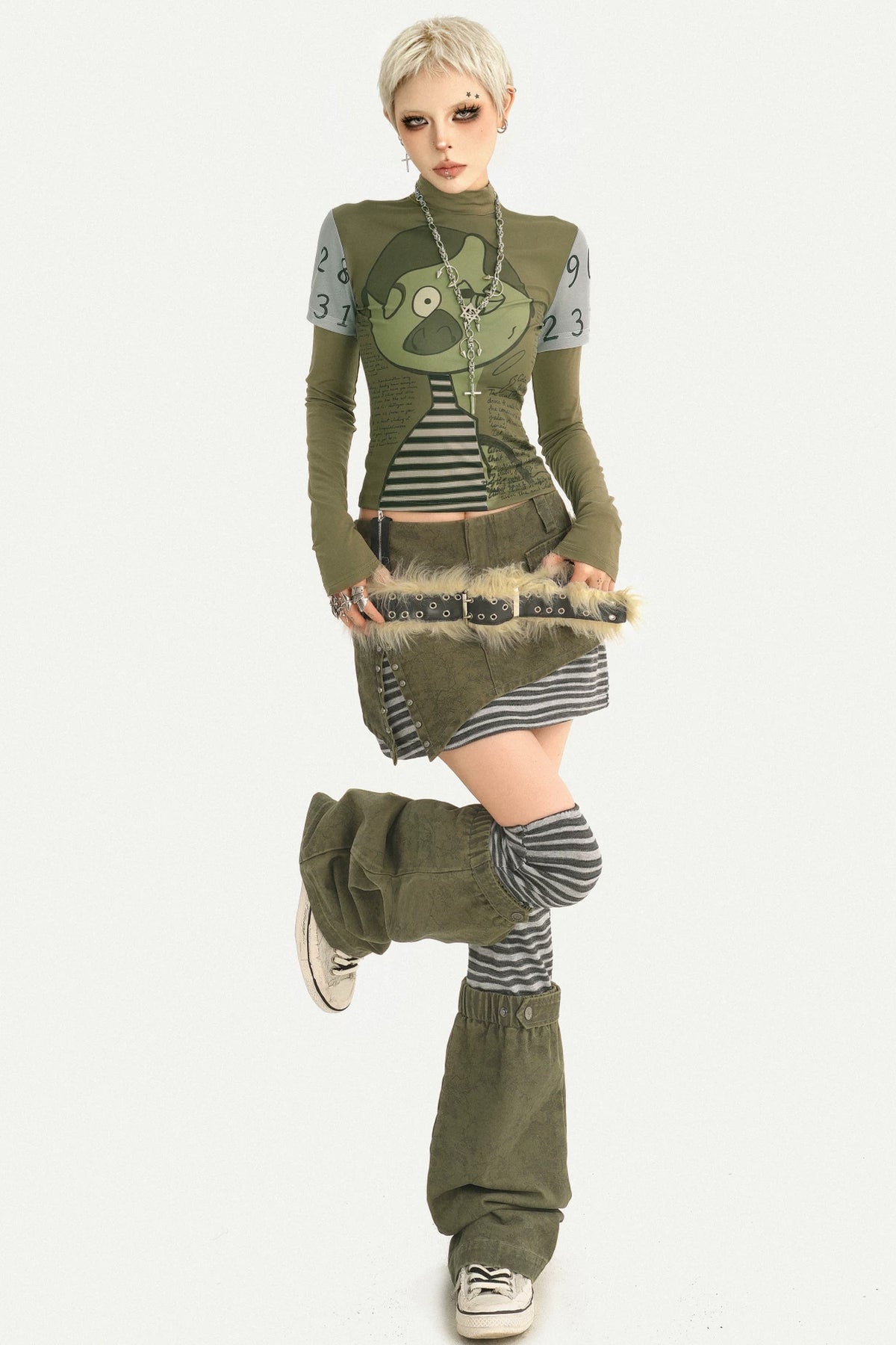 Printed Green Long-Sleeve Top and Skirt Set-Up