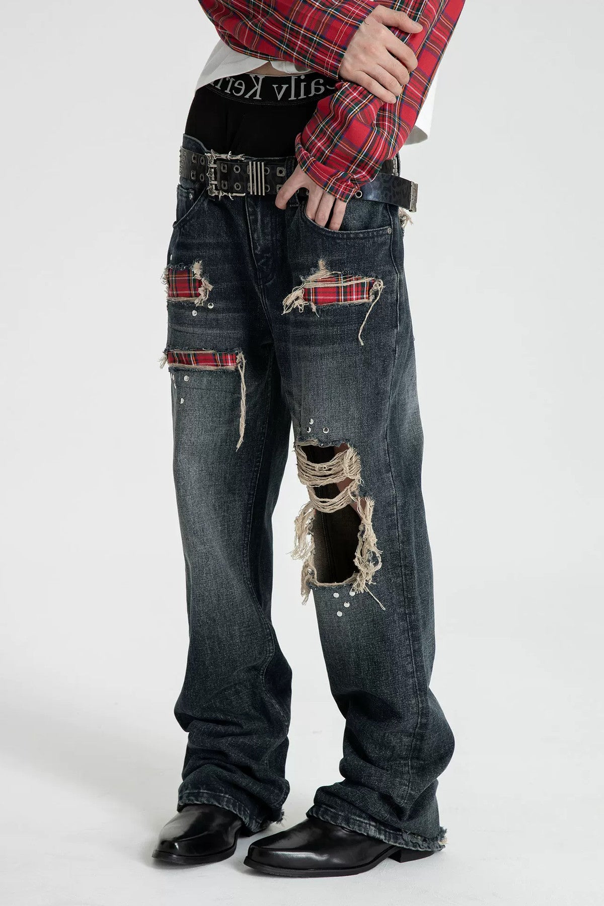 Distressed Plaid Patch Flared Jeans
