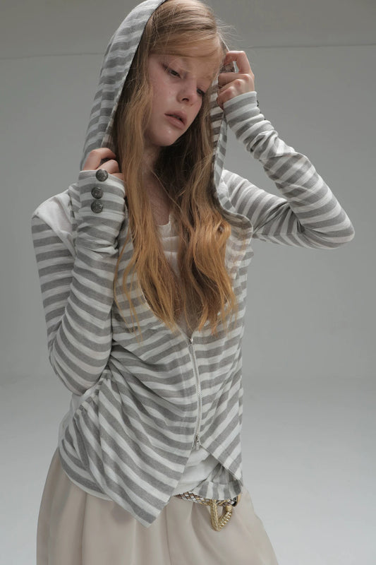 Zipper Long-Sleeved Striped Hoodie