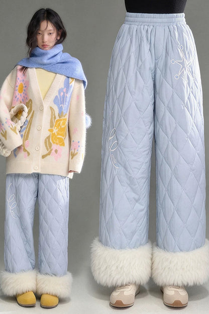 Star Embroidery Quilted Wide-Leg Pants