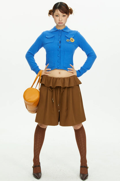 Brown Wide-Leg Ruffle Waist Shorts