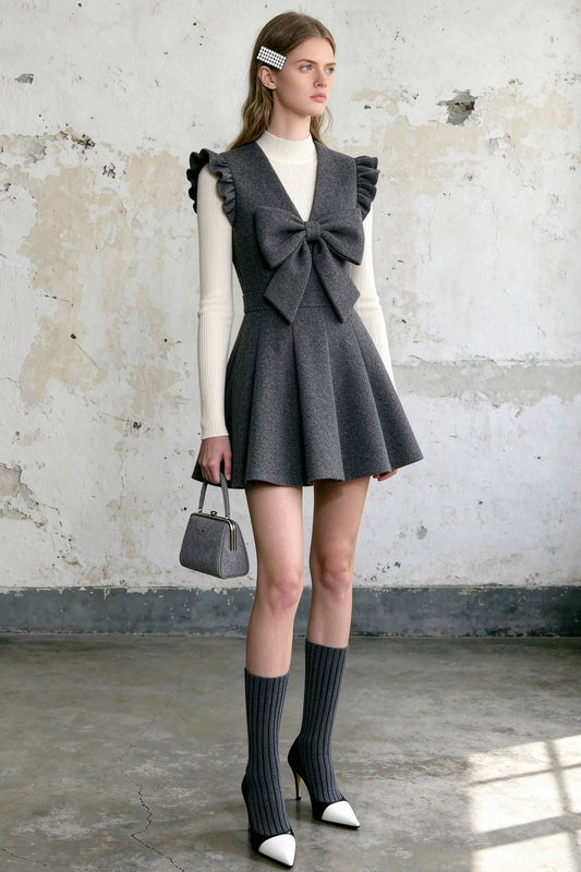 Cloud Whisper V-Neck Ruffle Bow Skirt Set