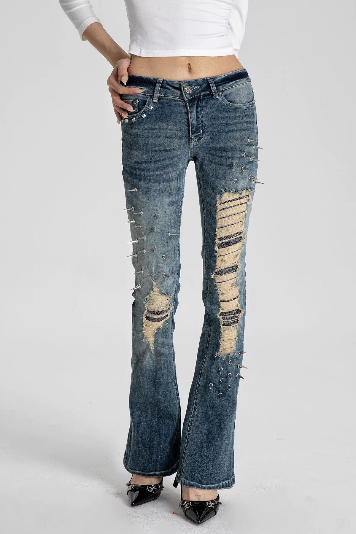 Spiked Snake Patch Flared Jeans