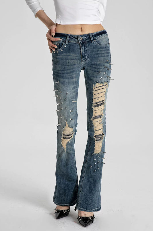 Spiked Snake Patch Flared Jeans