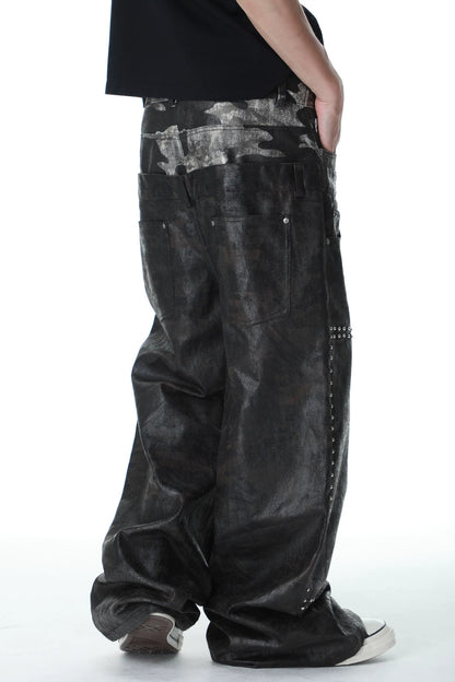 Camouflage Wax-Coated Distressed Denim Pants