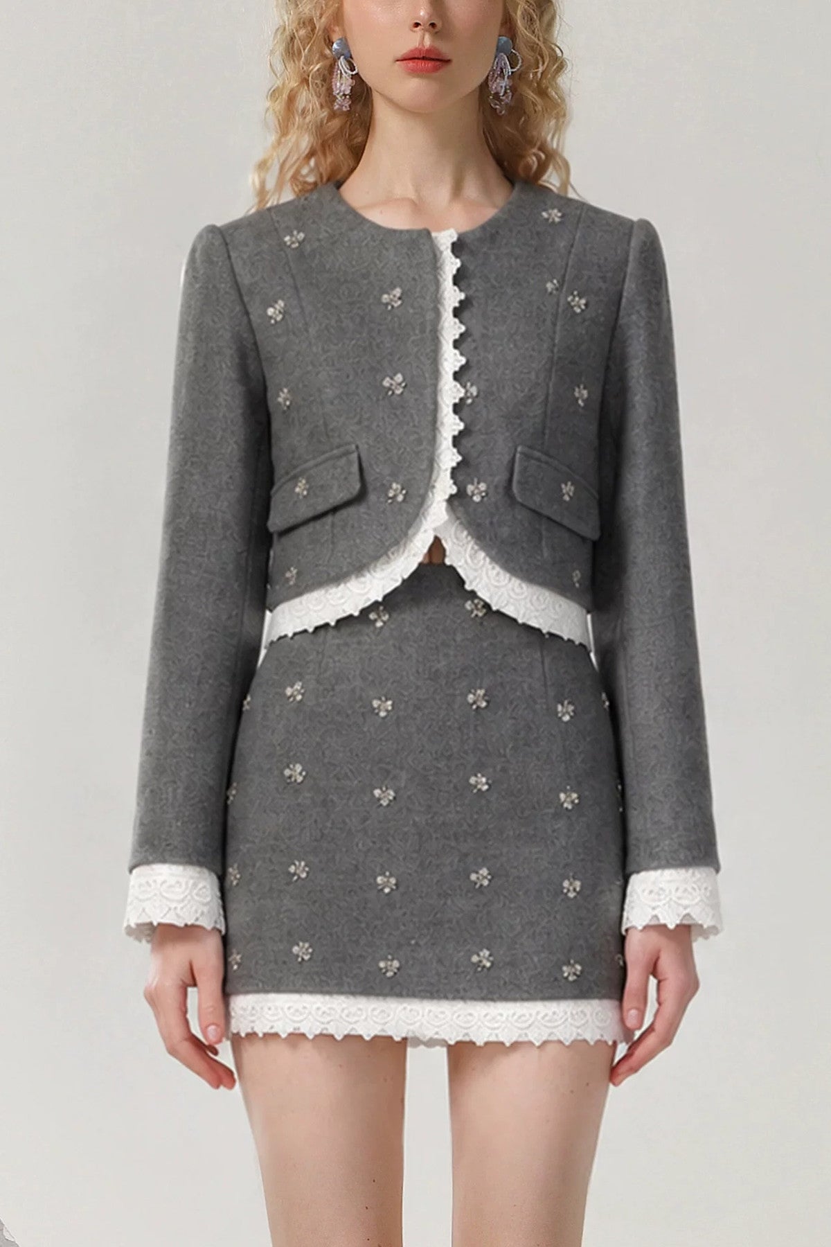 Grey Round Neck Top and Skirt Set