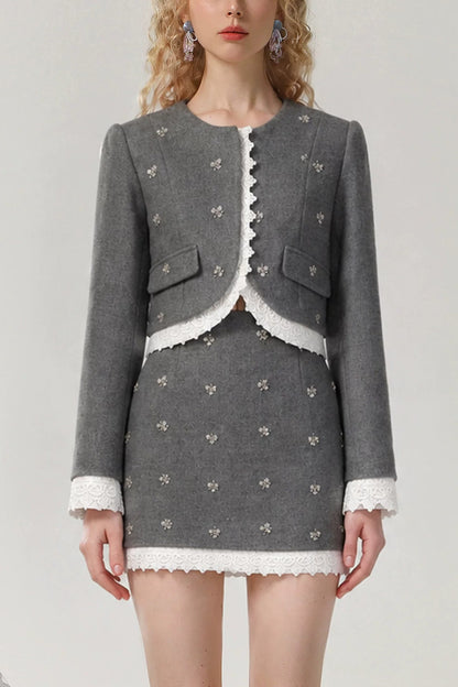 Grey Round Neck Top and Skirt Set