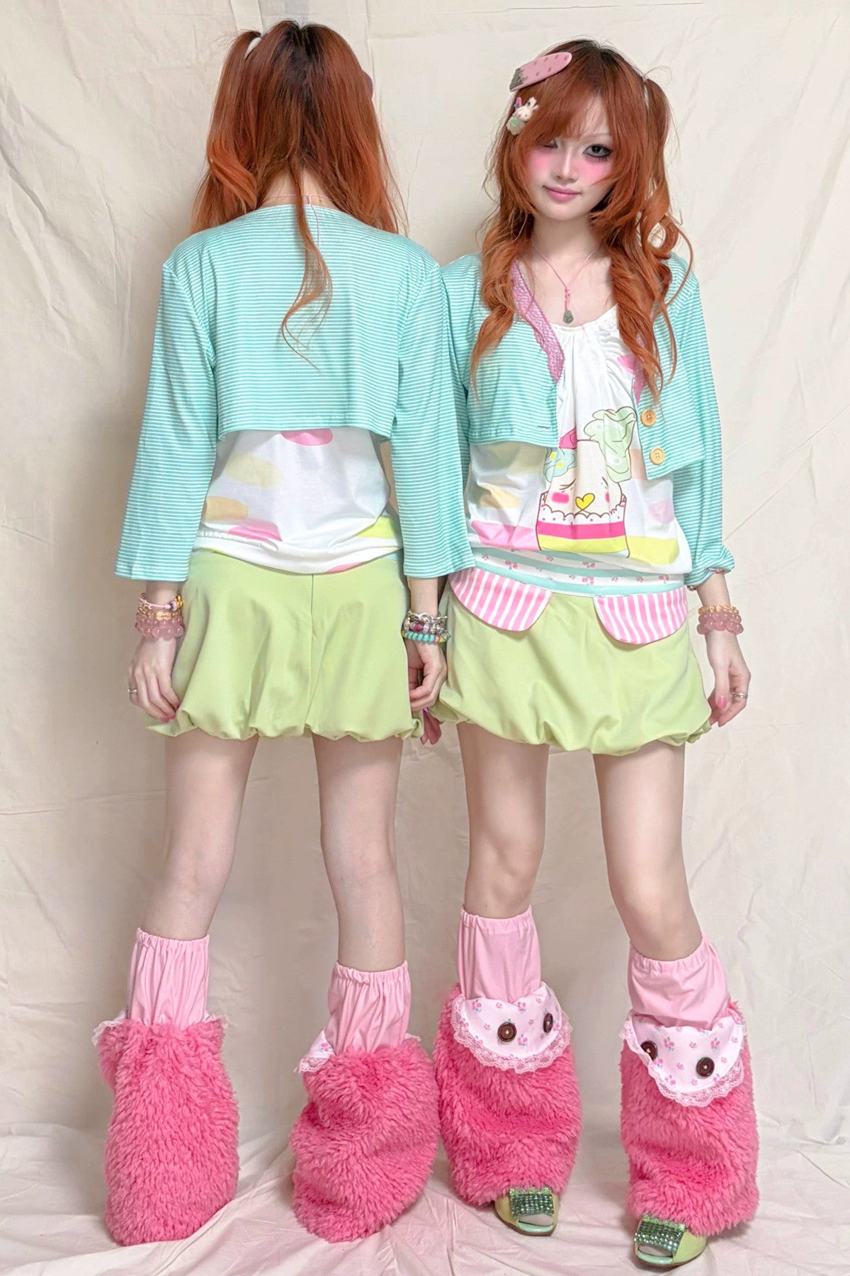 Mint Green Striped Mid-Sleeve Lace Jacket
