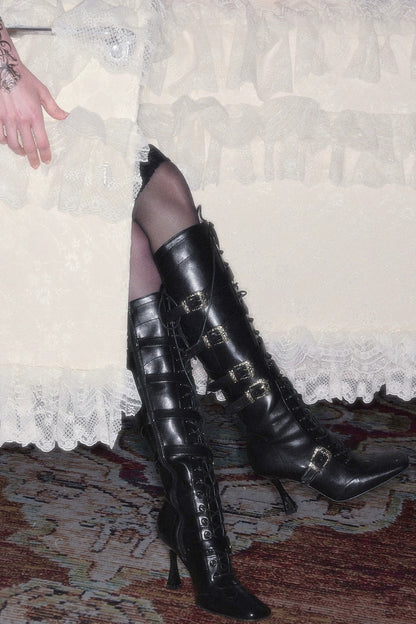 Lace-Up Metal Buckle Stiletto Boots