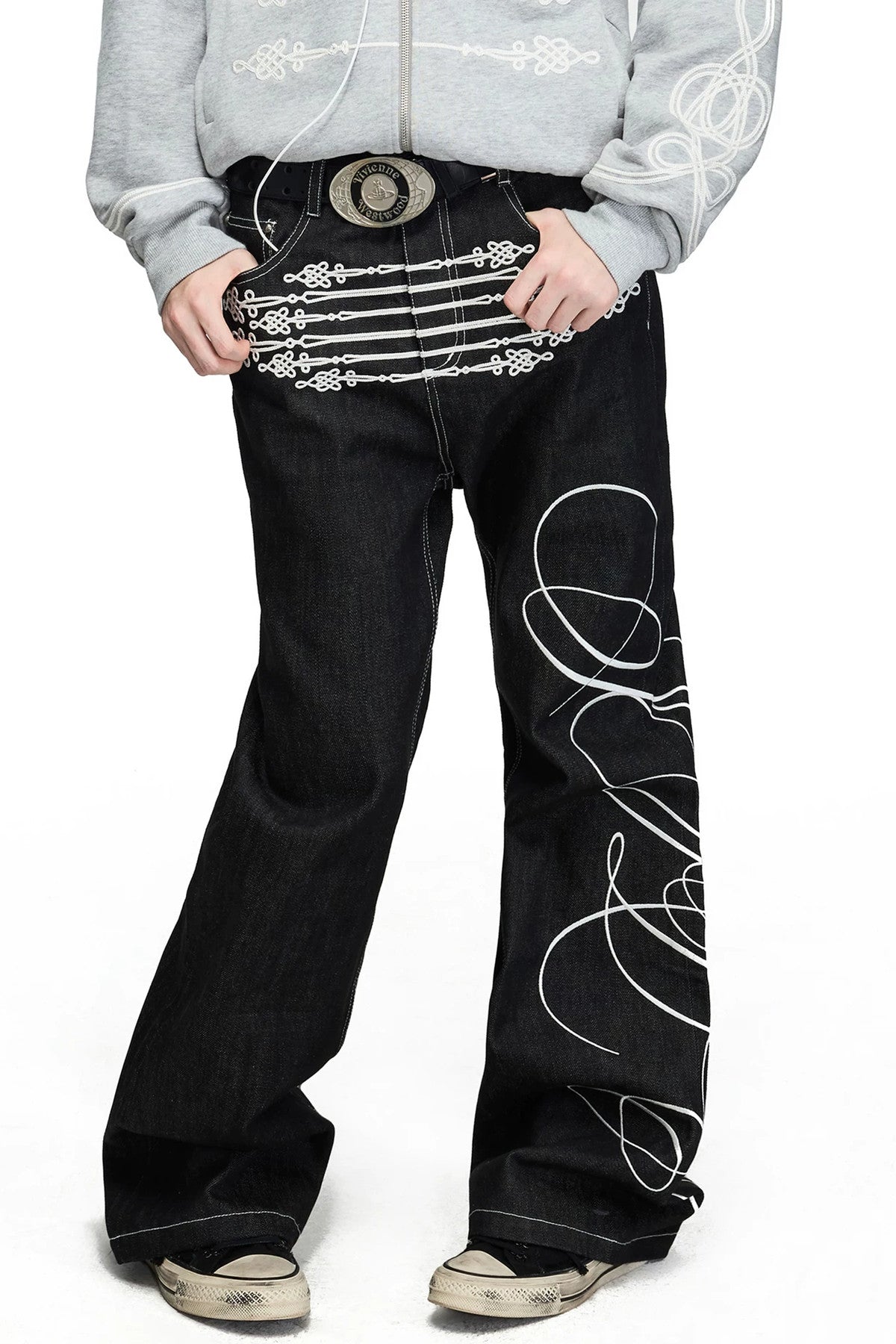 Rope Embroidery Flared Jeans