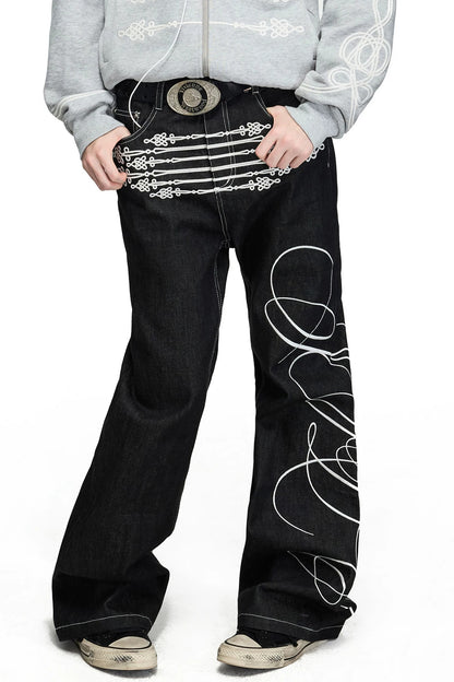 Rope Embroidery Flared Jeans