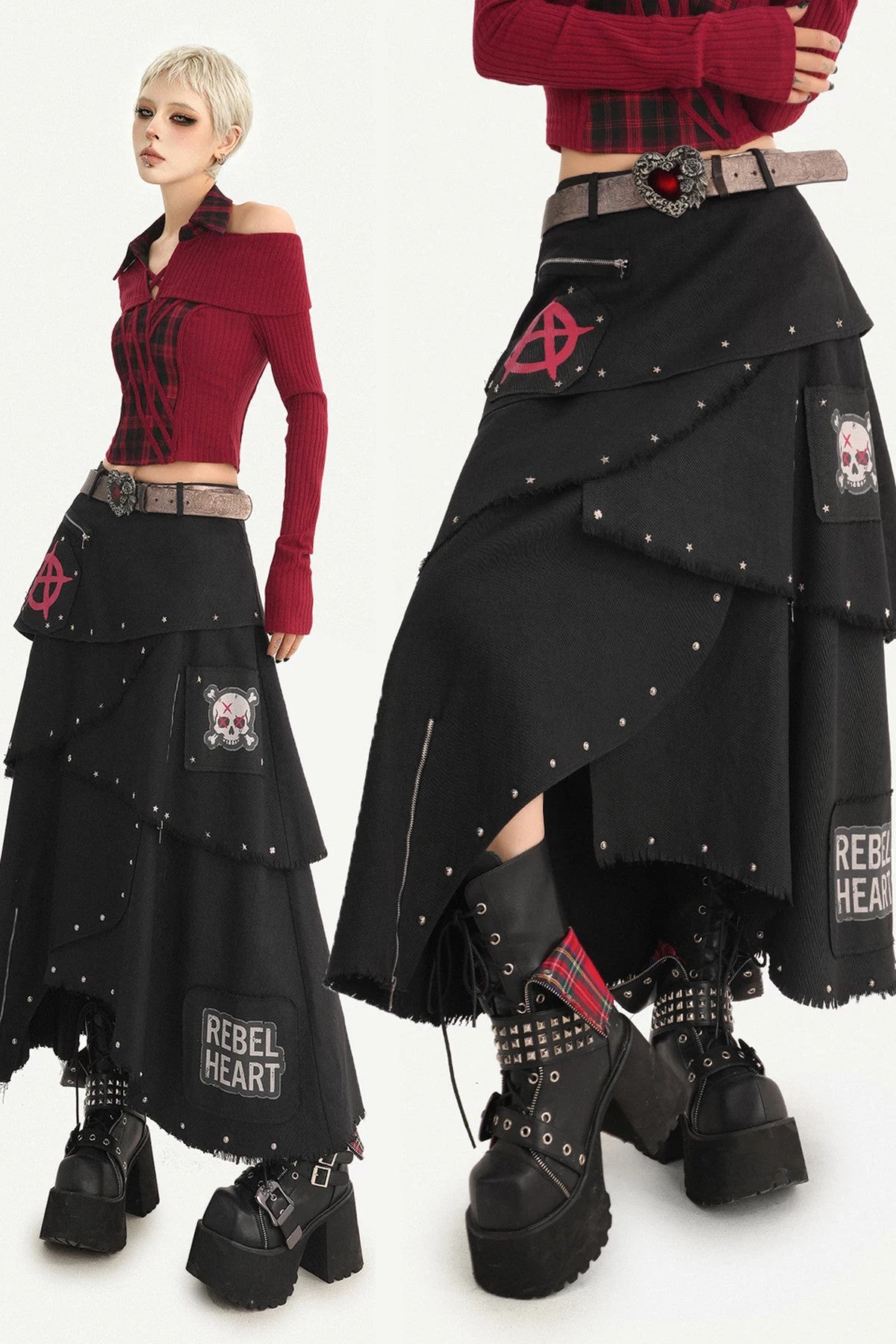 Black Punk Rivet Asymmetrical Skirt