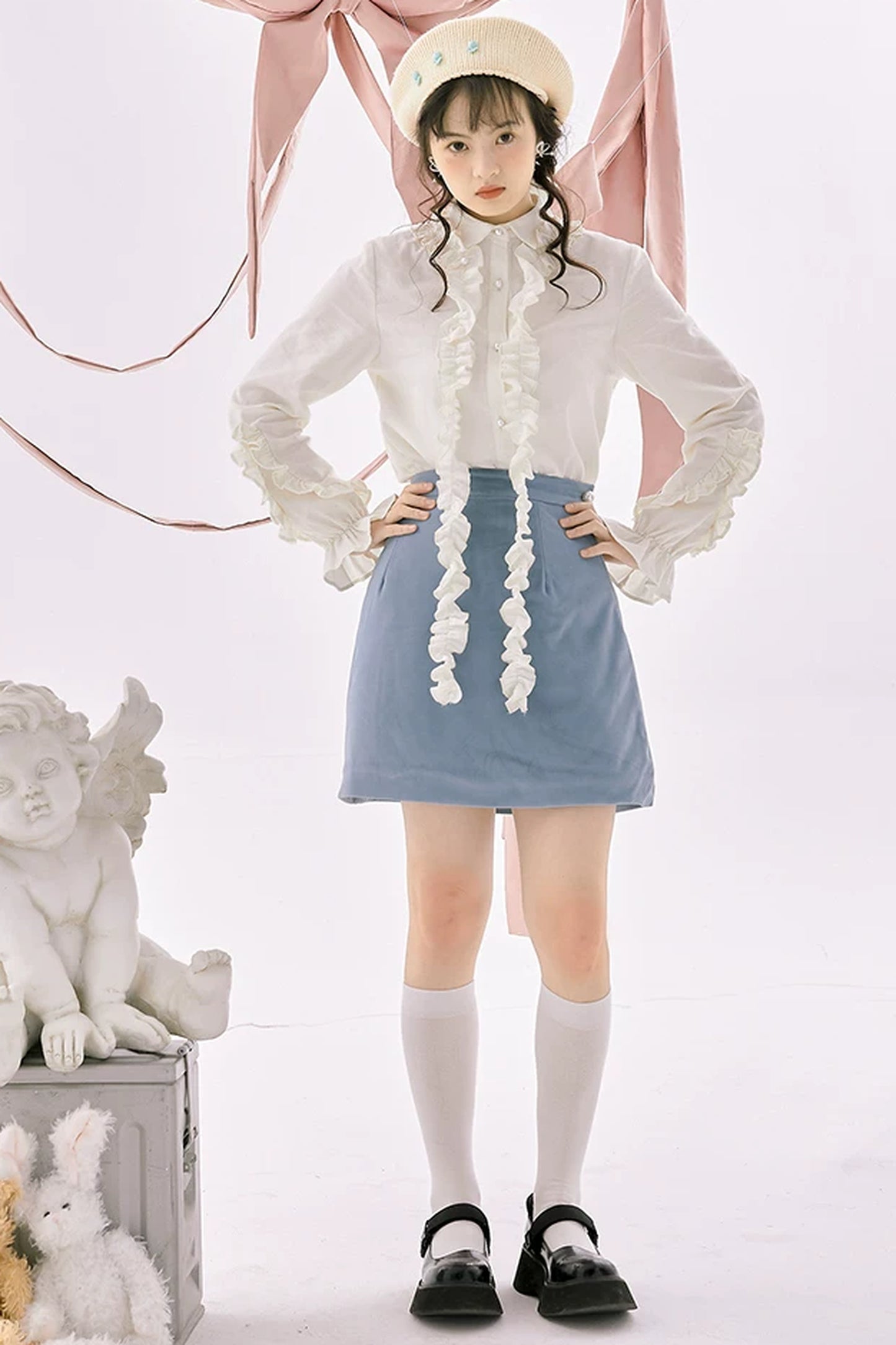 Blue Quilted Velvet A-Line Skirt