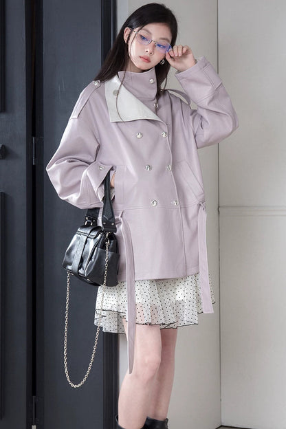 Reversible Color-Blocked Stand Collar Trench Coat