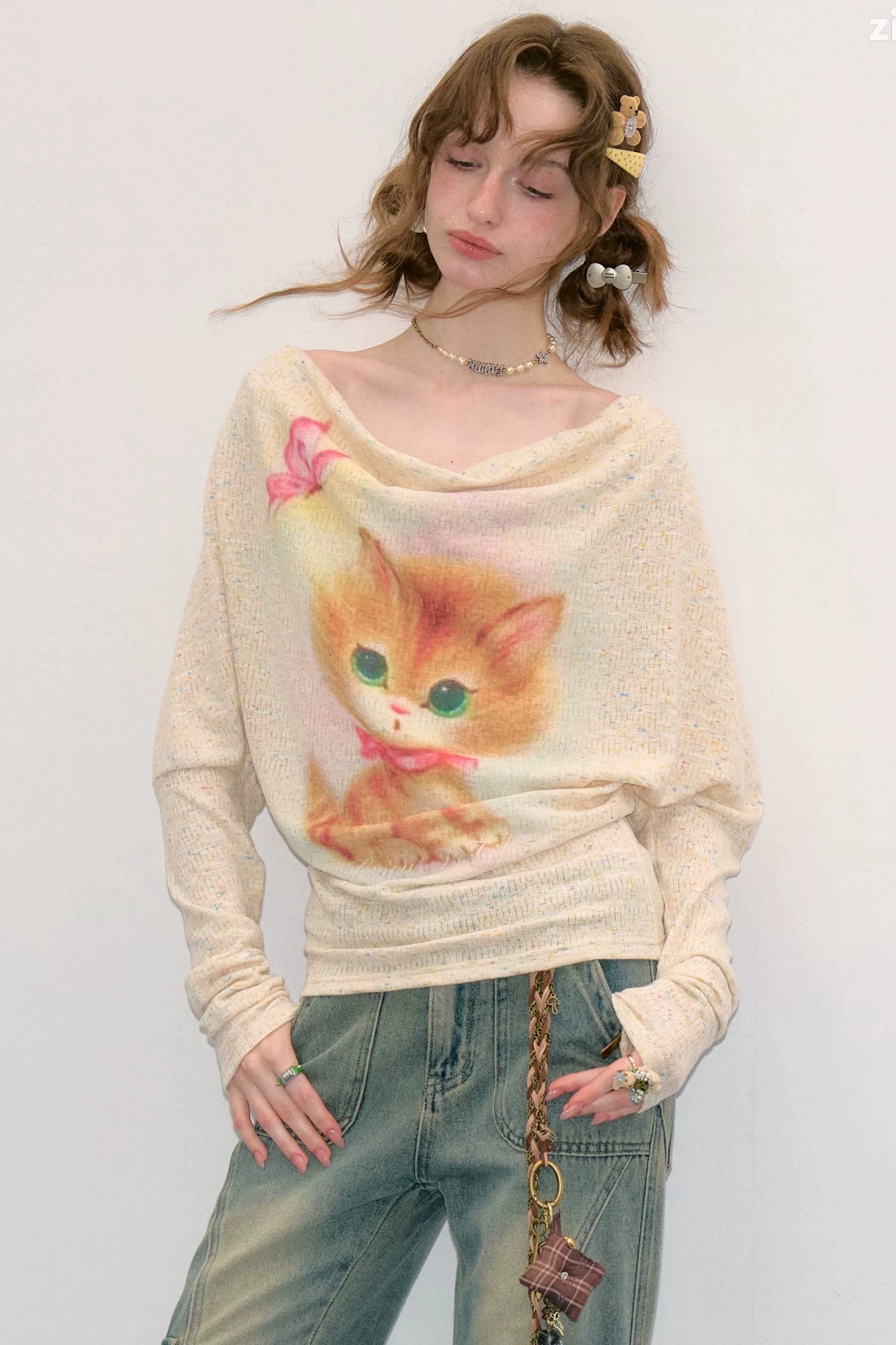 Cat Print Flutter Collar Blouse