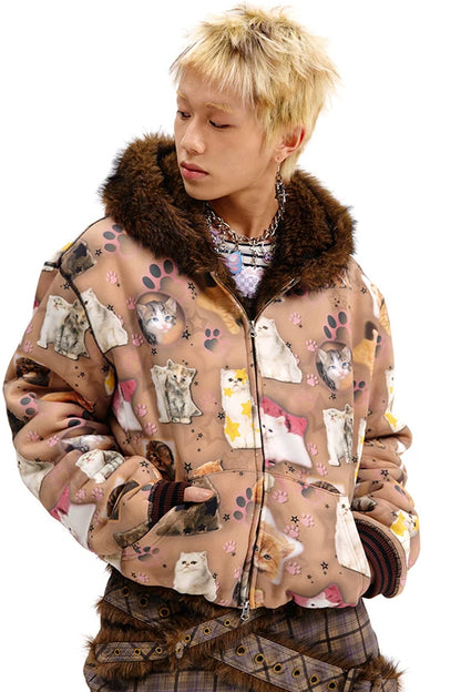 Cat Print Reversible Fur Coat