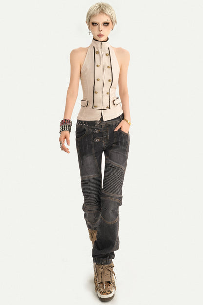 Gewaschene plissierte gerade Biker-Jeans
