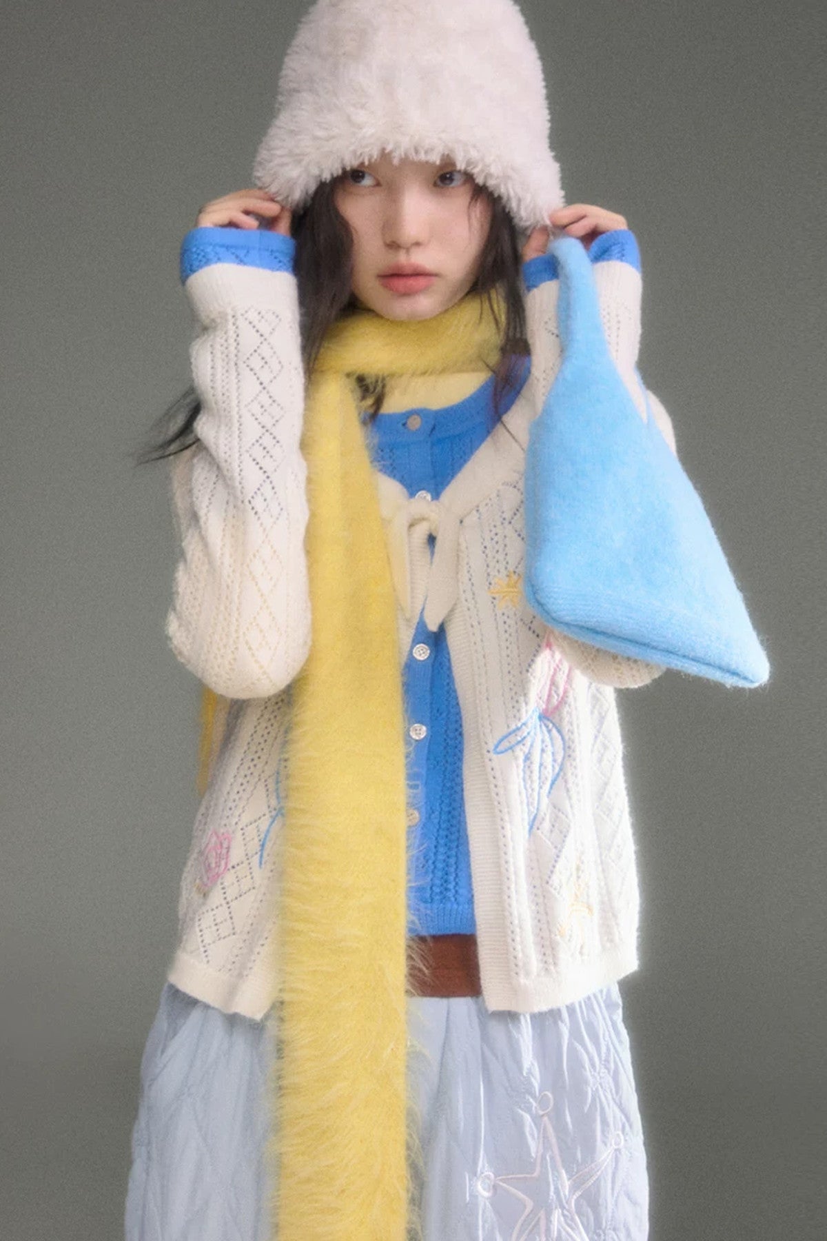 Two-Piece Wool-Blend Tulip Embroidery Knit Cardigan And Skirt Set-Up