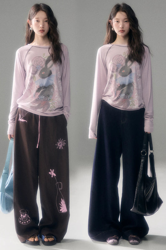 Bunny Print Tencel Long-Sleeved T-Shirt and Pants Set-Up