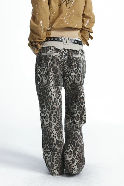 Leopard Print Double-Waistband Wide-Leg Jeans