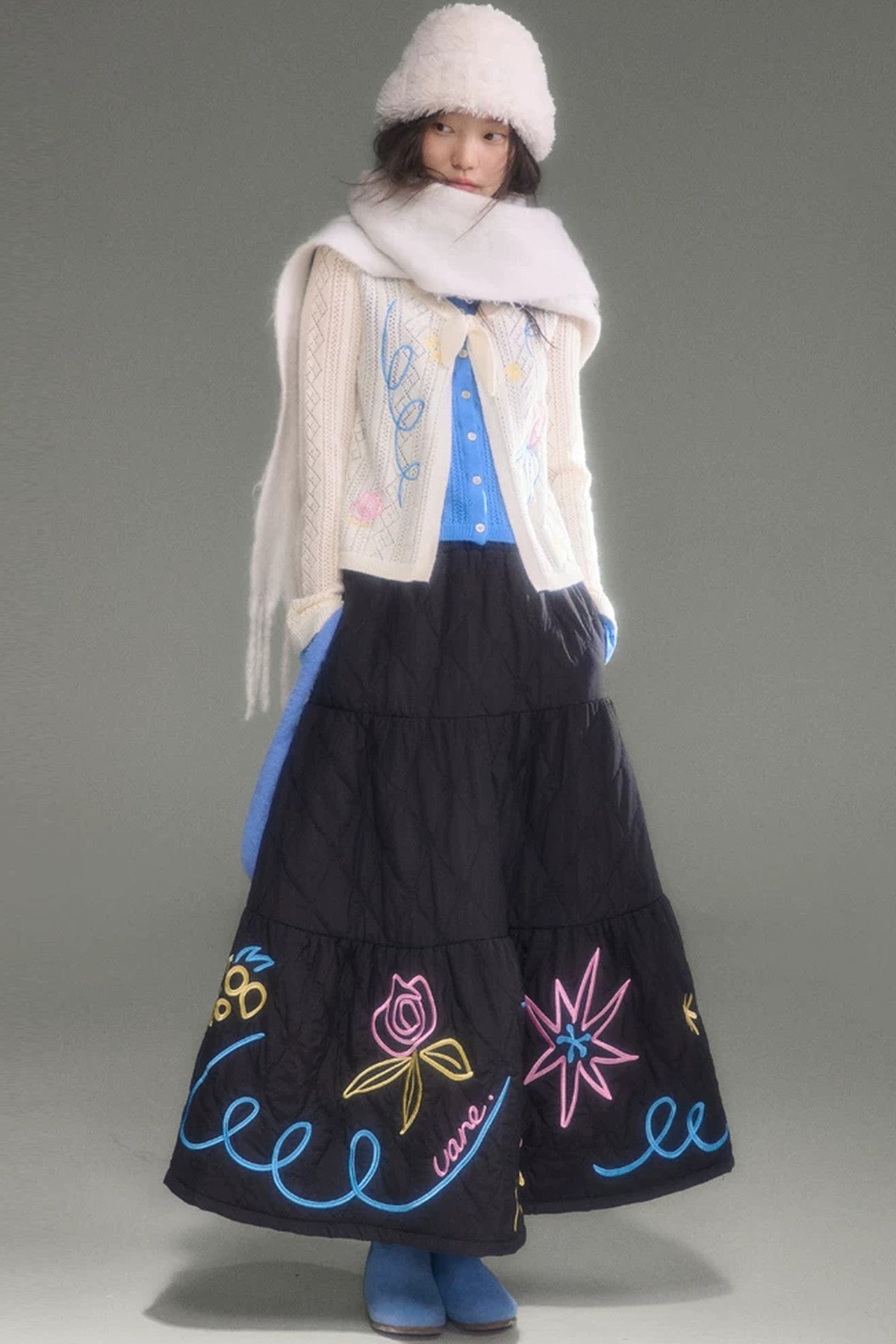 Two-Piece Wool-Blend Tulip Embroidery Knit Cardigan And Skirt Set-Up