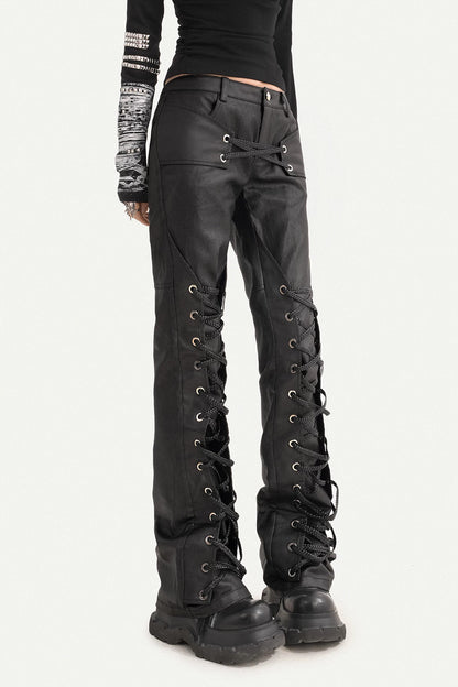 Punk Style Lace-Up Leather Pants