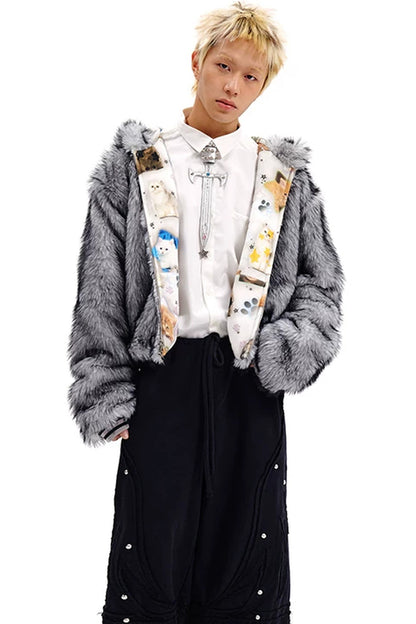 Cat Print Reversible Fur Coat