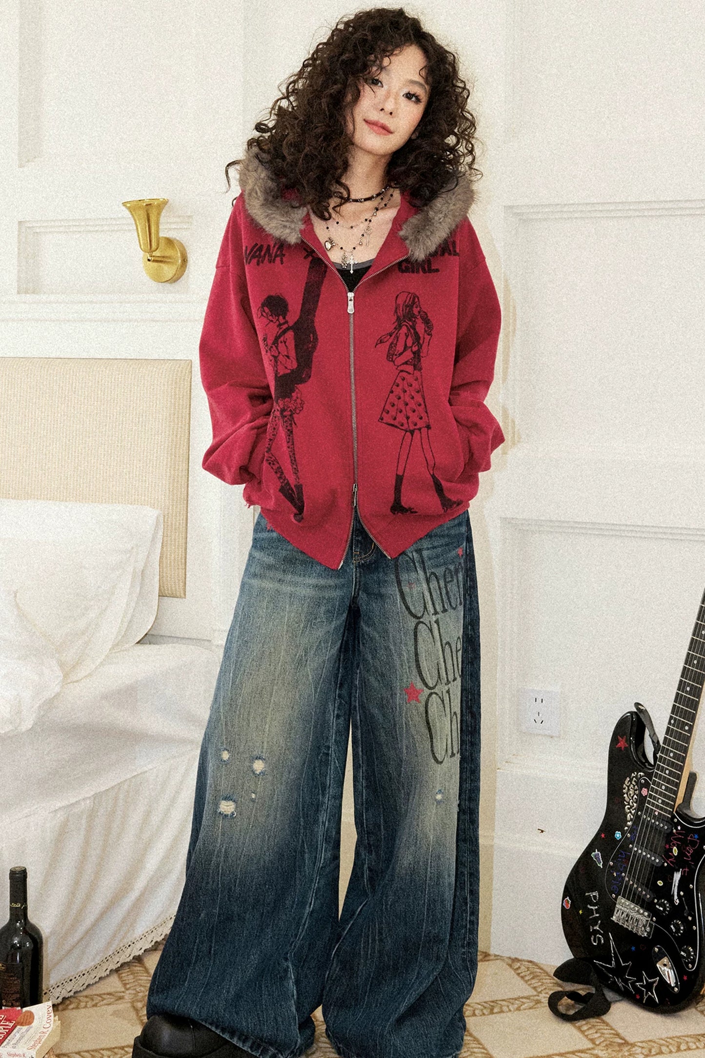 Distressed Fur Collar Hooded Cardigan
