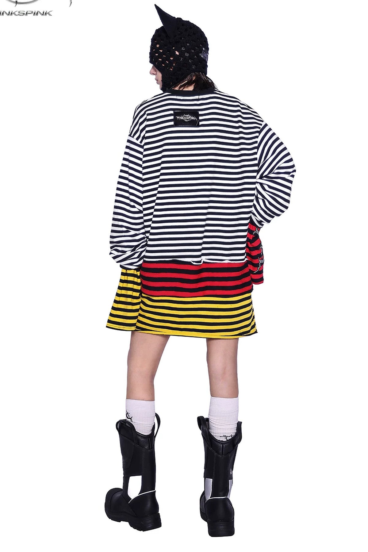 Stacked Stripes Patchwork Staggered Letter Print T-Shirt