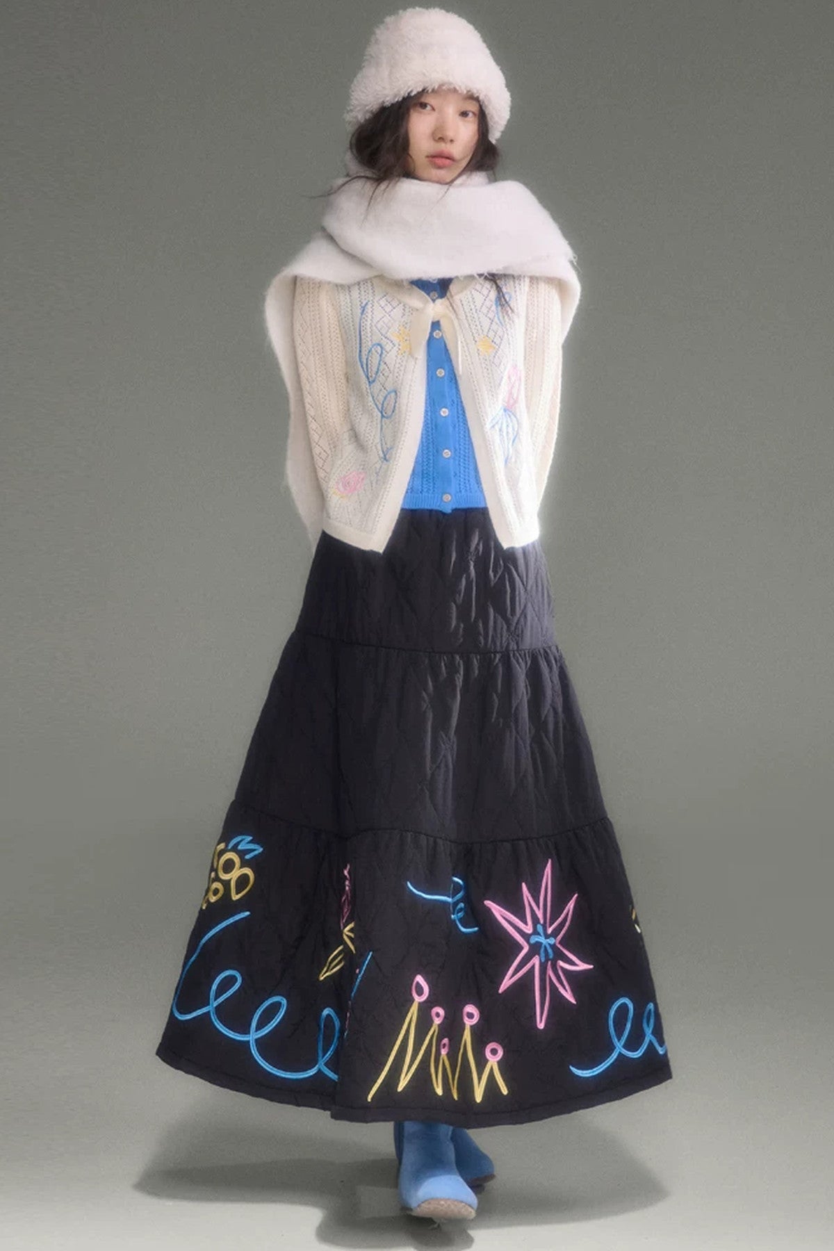 Two-Piece Wool-Blend Tulip Embroidery Knit Cardigan And Skirt Set-Up