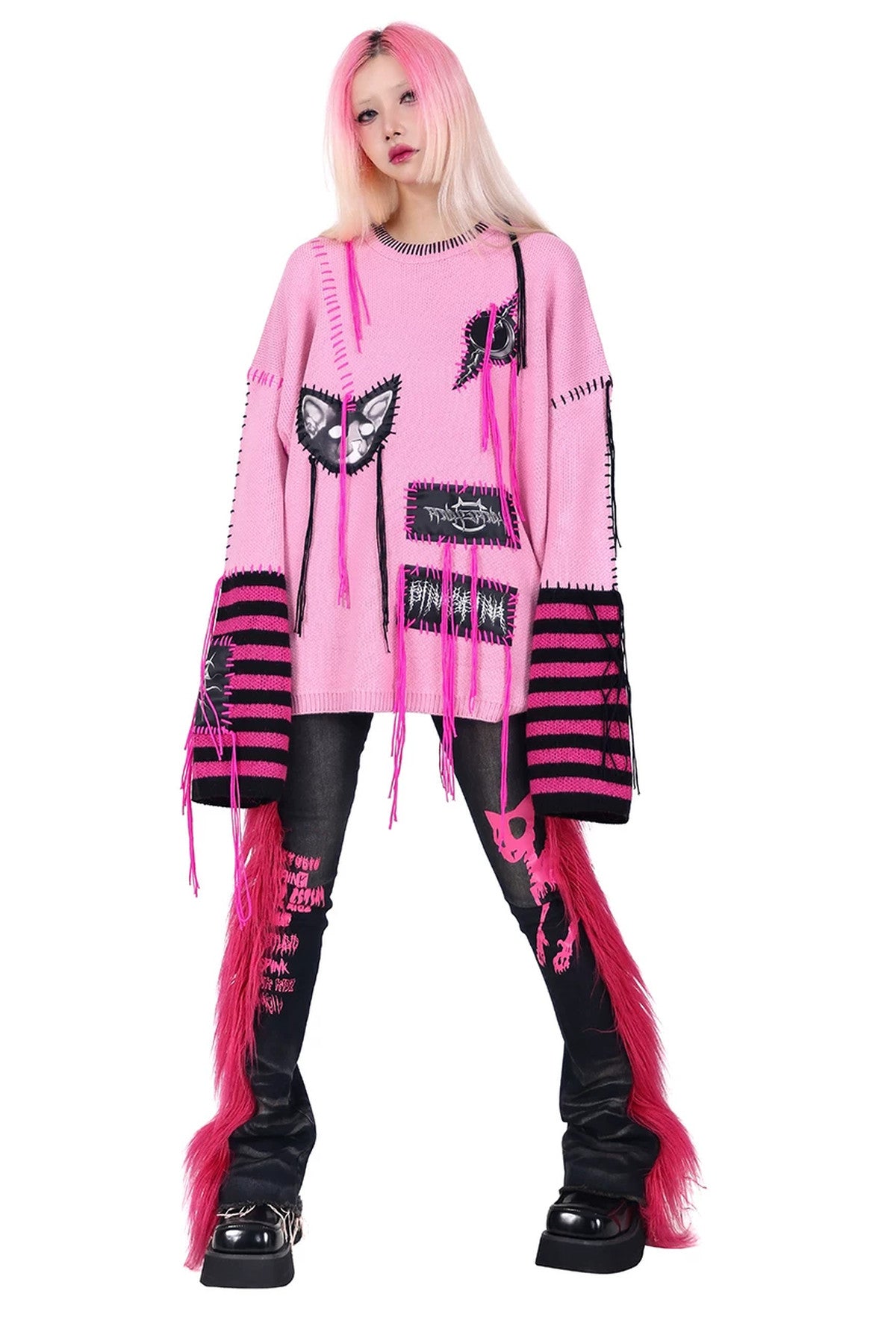 Cat Patchwork Striped Sweater