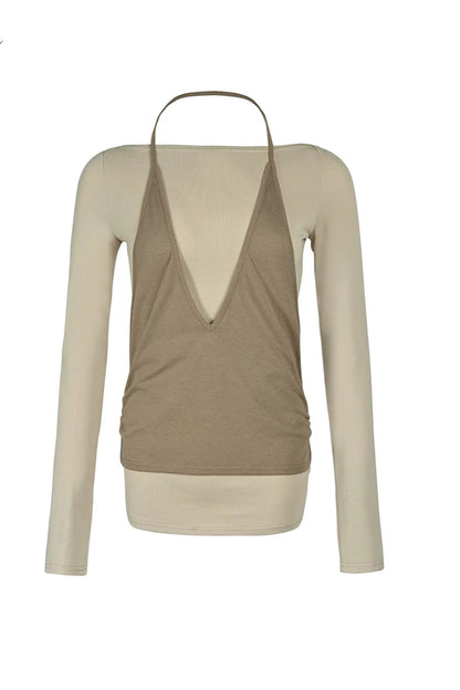 Lyocell Halter Neck Layered-Look T-Shirt